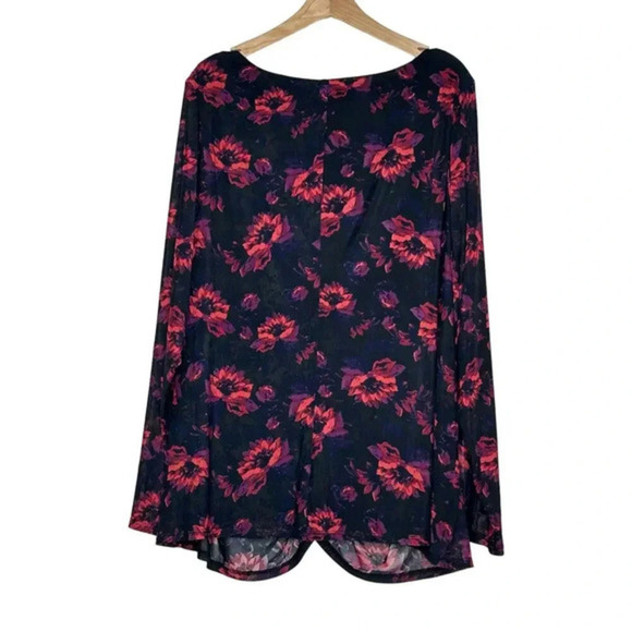 Lane Bryant Mesh Black Red Floral Top Shirt Ruching Sheer Sleeves Sz 30/32 NEW - Picture 2 of 9